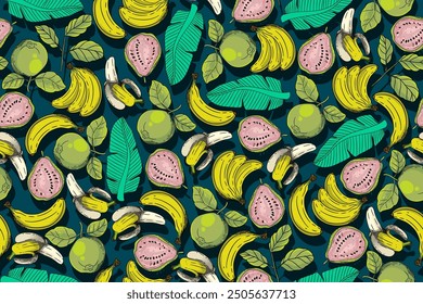 seamless pattern banana and guava vector drawing