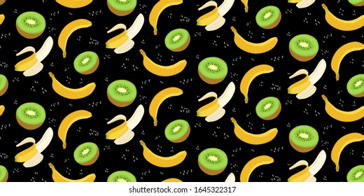 Seamless pattern with banana and kiwi. Colorful natural product illustration. Vector tropical fruits on black background