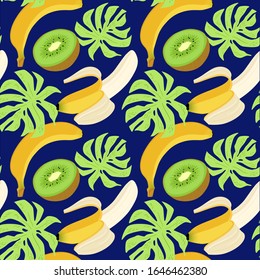 Patrón sin problemas con hojas de banano, kiwi y monstera. Dibujo de producto natural colorido. Frutas tropicales vectoriales