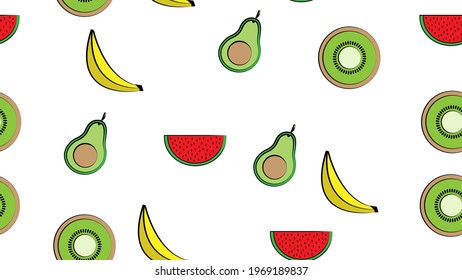 Seamless pattern banana kiwi watermelon avocado delicious sweet fresh beautiful on white background. The texture is endless