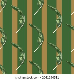 Seamless pattern banana leaf on green stripes background. Beautiful ornament summer tropical leaf. Geometrical texture template for fabric. Design vector illustration.