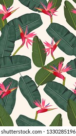 Seamless pattern banana leaf with pink bird of paradise