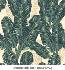 Seamless pattern banana leaf tropical leaves on Pale yellow color background.printing wallpaper.vector illustration