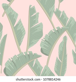 Seamless pattern banana leaf tropical leaves on light pink color background.printing wallpaper.vector illustration