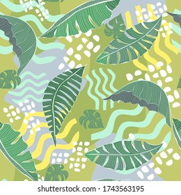 Seamless pattern banana leaves and abstract shapes.