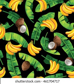 Seamless pattern with banana leaves, bananas and coconuts. Vector illustration.