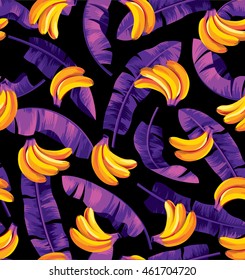 Seamless pattern with banana leaves and bananas. Vector illustration.