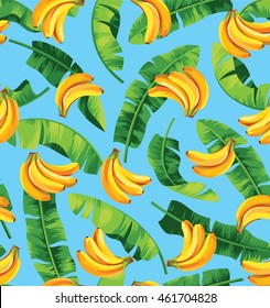 Seamless pattern with banana leaves and bananas. Vector illustration.