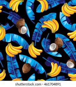 Seamless pattern with banana leaves, bananas and coconuts. Vector illustration.