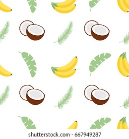 Seamless pattern with banana leaves, bananas and coconuts. Vector illustration. Easy to use for backdrop, textile, wrapping paper, wall posters