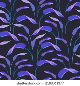 Seamless pattern banana leaves in beautiful style on dark background.