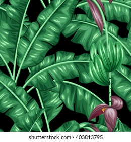 Seamless pattern with banana leaves. Decorative image of tropical foliage, flowers and fruits. Background made without clipping mask. Easy to use for backdrop, textile, wrapping paper.