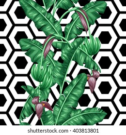 Seamless pattern with banana leaves. Decorative image of tropical foliage, flowers and fruits. Background made without clipping mask. Easy to use for backdrop, textile, wrapping paper.