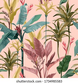 
Seamless pattern with banana leaves and flowers.