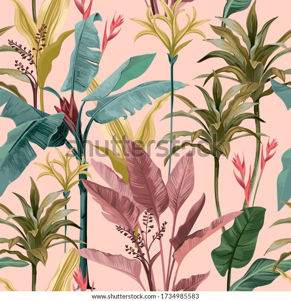Seamless pattern with colored banana leaves and flowers.
