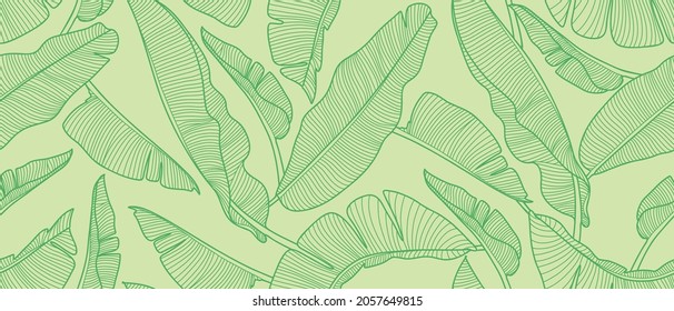 Seamless pattern with banana leaves in line art style. Vector monochrome background with tropican leaves.