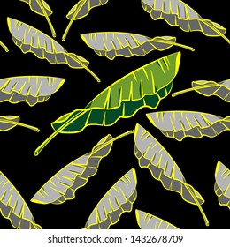 Seamless pattern banana leaves nature tropical with black background