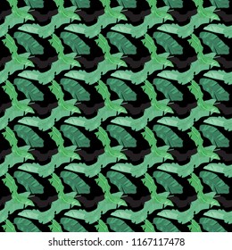 Seamless pattern with banana leaves on black background. Vector illustration