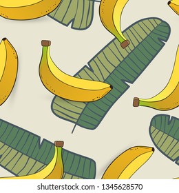 seamless pattern of banana with leaves on gray background