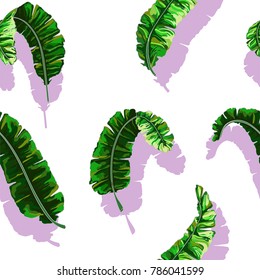 Seamless pattern with banana leaves on white background.
