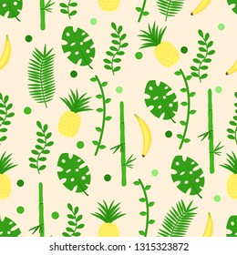 seamless pattern with banana leaves pineapple - vector illustration, eps