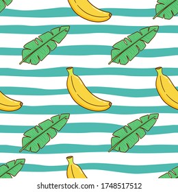 seamless pattern of banana and leaves for summer concept with cute doodle style 