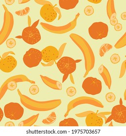 seamless pattern with banana, leaves and tangerine, 