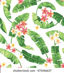 Seamless pattern with banana leaves and tropical flowers. Vector illustration.