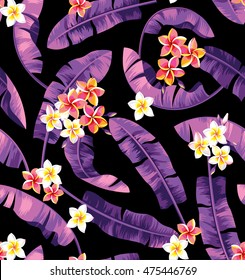 Seamless pattern with banana leaves and tropical flowers. Vector illustration.