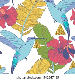 Seamless pattern with banana leaves, tropical flowers, birds  and geometrical golden elements

