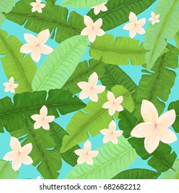 Seamless Pattern of Banana Leaves and White Plumeria on Light Blue Background