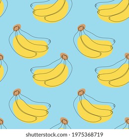 Seamless pattern with banana on blue background. Continuous one line drawing banana. Black line art on blue  background with colorful spots. Vegan concept