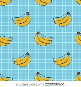 Seamless pattern with banana on blue background. Continuous one line drawing banana. Black line art on blue  background with colorful spots. Vegan concept