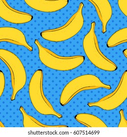 Seamless pattern with banana on blue pop-art background. Vector illustration, eps 10.