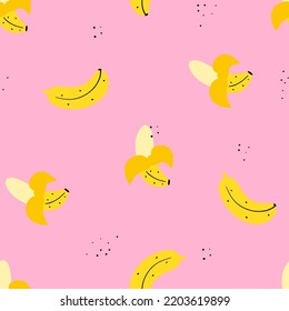 Nahtlose Bananenmuster auf rosafarbenem Hintergrund. Cute Cartoon Bananen. Sommerkonzept für Design, Textilien, Druck. handgezeichnete Vektorgrafik