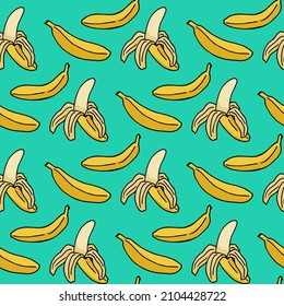 Patrón sin foco con banana sobre fondo turquesa. Imagen vectorial.
