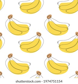 Seamless pattern with banana on white background. Continuous one line drawing banana. Black line art on white background with colorful spots. Vegan concept