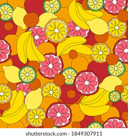 Seamless pattern of a banana, orange, grapefruit, citrus, lemon. Backgroung with various tropical fruits. Vector illustration.