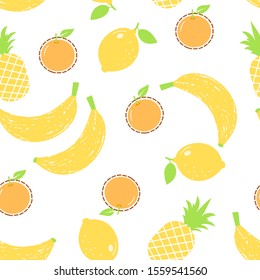 Seamless pattern with banana, orange, lemon and pineapple on white background. fresh fruit vector illustration.