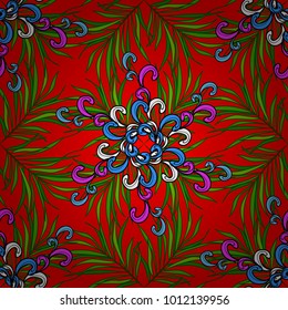 Seamless pattern with banana and palm leaves in Vector illustration. Leaves on a red, green and black colors.
