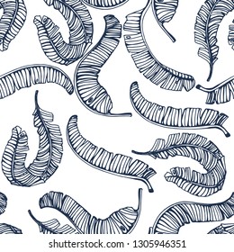 seamless pattern, banana palm leaves, vector, hand drawing, contour