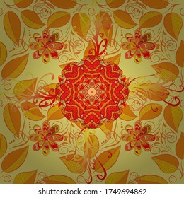 Seamless pattern with banana and palm leaves in Vector illustration. Leaves on a yellow, orange and red colors.