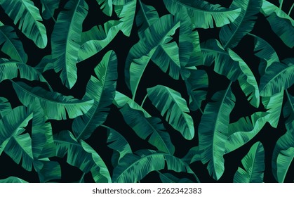 Seamless pattern with banana palm leaves in realistic style. Vector tropical botanical illustration. Foliage design on a black background.