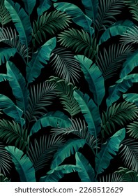 Seamless pattern with banana palm leaves in realistic style. Vector tropical botanical illustration. Foliage design on a black background.