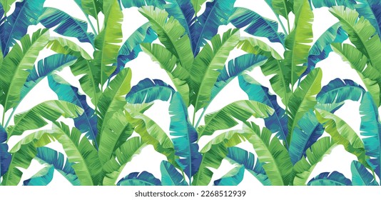 Seamless pattern with Banana palm leaves. Tropical design. Botanical illustration in realistic style. Vector foliage background.