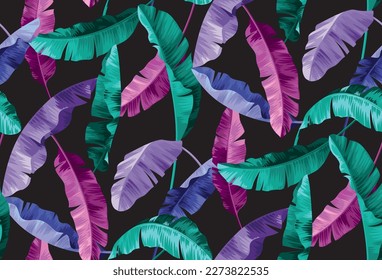 Seamless pattern with banana palm leaves in realistic style. Bright glowing neon blue-violet backdrop. Vector tropical botanical illustration. Foliage design on a black background.