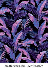 Seamless pattern with banana palm leaves in realistic style. Bright glowing neon blue-violet backdrop. Vector tropical botanical illustration. Foliage design on a black background.