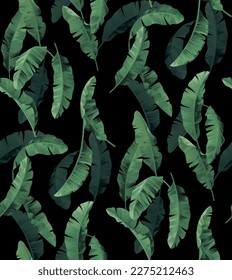 Seamless pattern with banana palm leaves in realistic style. Vector tropical botanical illustration. Foliage design on a black background.