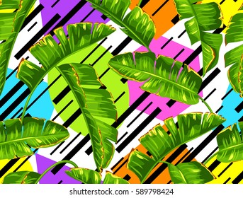 Seamless pattern with banana palm leaves. Decorative tropical foliage.