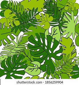 Seamless pattern with banana, palm and monstera leaves. Vector background of tropical leaves. Vector illustration in flat style for children's room decoration, Wallpaper, wrapping paper and fabric.